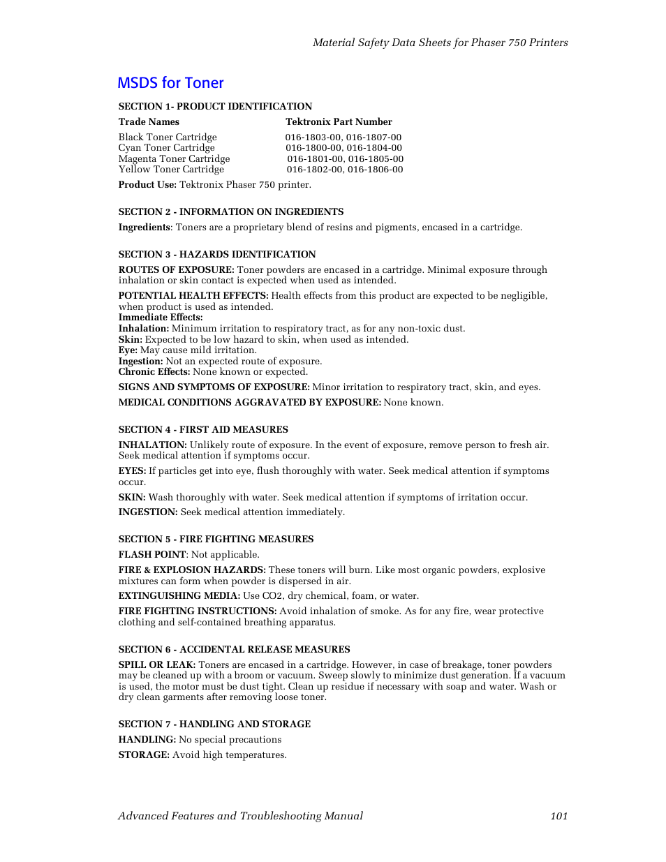 Msds for toner | Tektronix Phaser Color Printer 750 User Manual | Page 110 / 118