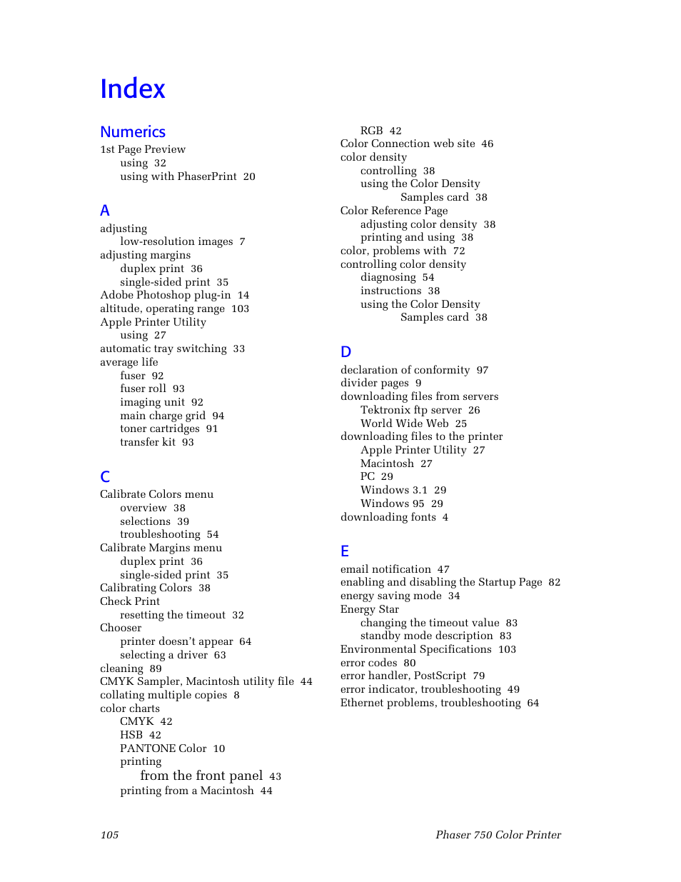 Index, Index 105, Numerics | Tektronix Phaser Color Printer 750 User Manual | Page 114 / 118