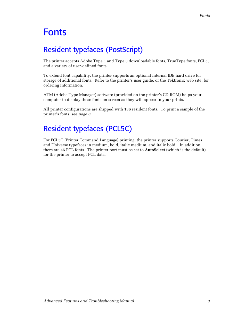 Fonts, Resident typefaces (postscript), Resident typefaces (pcl5c) | Fonts 3, Resident typefaces (postscript) 3, Resident typefaces (pcl5c) 3 | Tektronix Phaser Color Printer 750 User Manual | Page 12 / 118