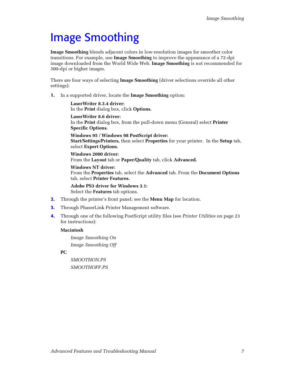 Image smoothing, Image smoothing 7 | Tektronix Phaser Color Printer 750 User Manual | Page 16 / 118