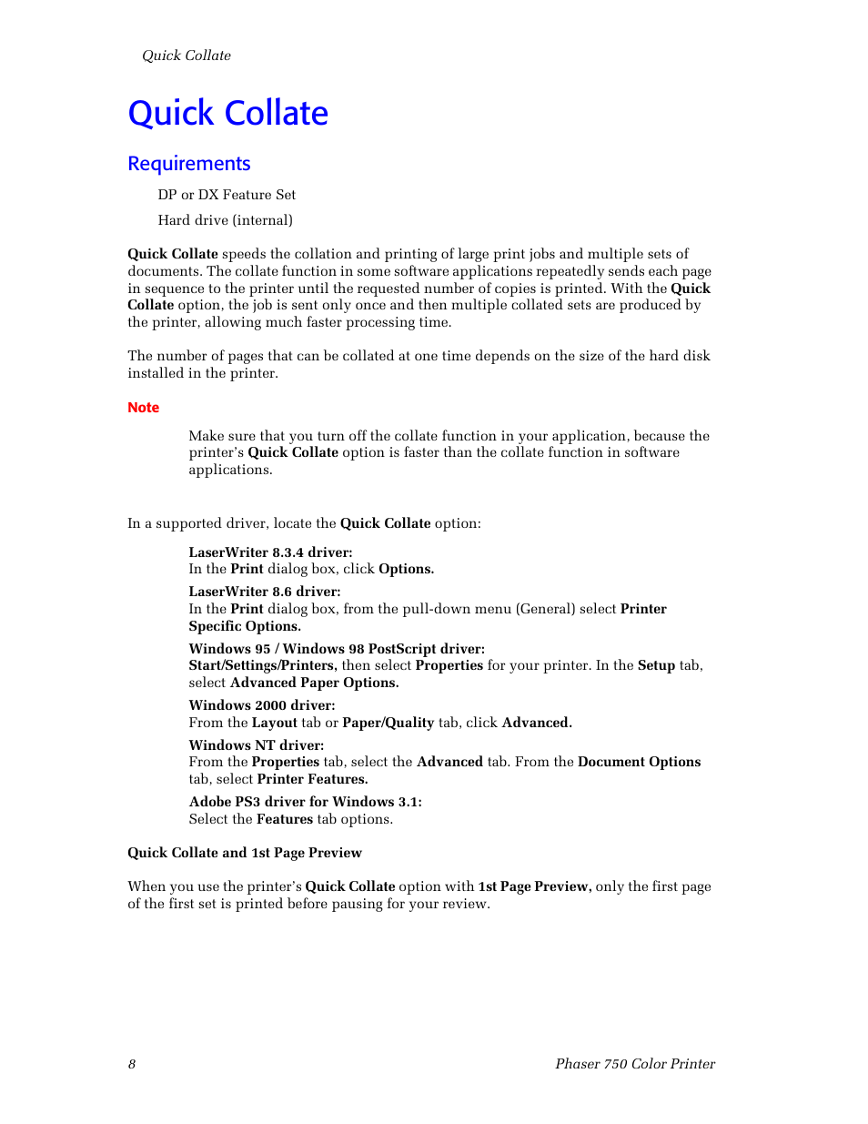 Quick collate, Requirements, Quick collate 8 | Tektronix Phaser Color Printer 750 User Manual | Page 17 / 118