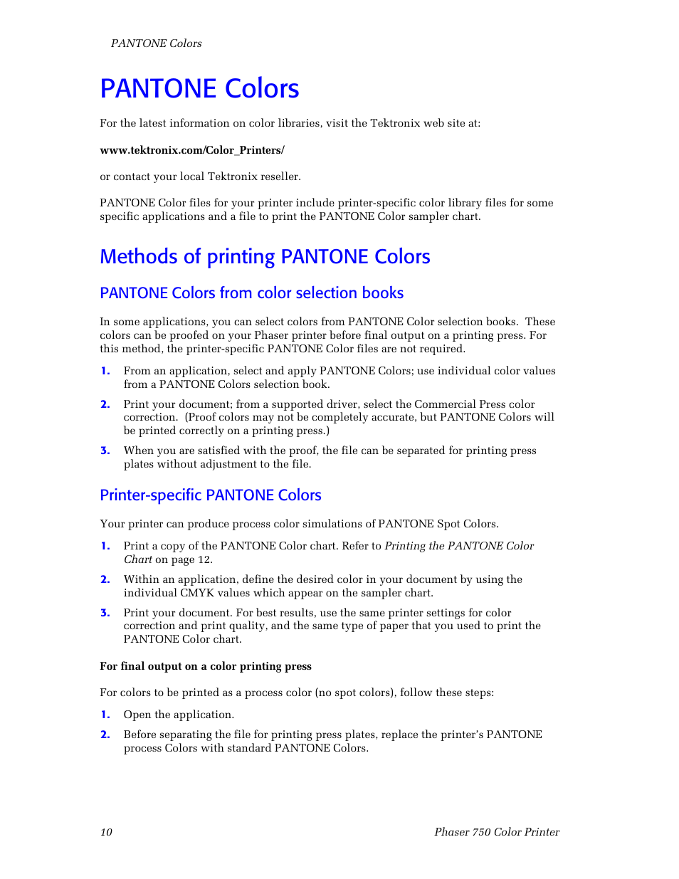 Pantone colors, Methods of printing pantone colors, Pantone colors from color selection books | Printer-specific pantone colors, Pantone colors 10, Methods of printing pantone colors 10, Pantone, Colors from color selection books, Printer-specific pantone, Colors | Tektronix Phaser Color Printer 750 User Manual | Page 19 / 118