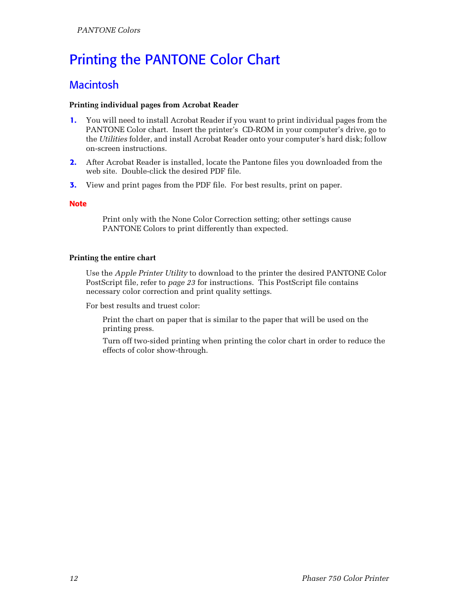 Printing the pantone color chart, Macintosh, Printing the pantone color chart 12 | Tektronix Phaser Color Printer 750 User Manual | Page 21 / 118