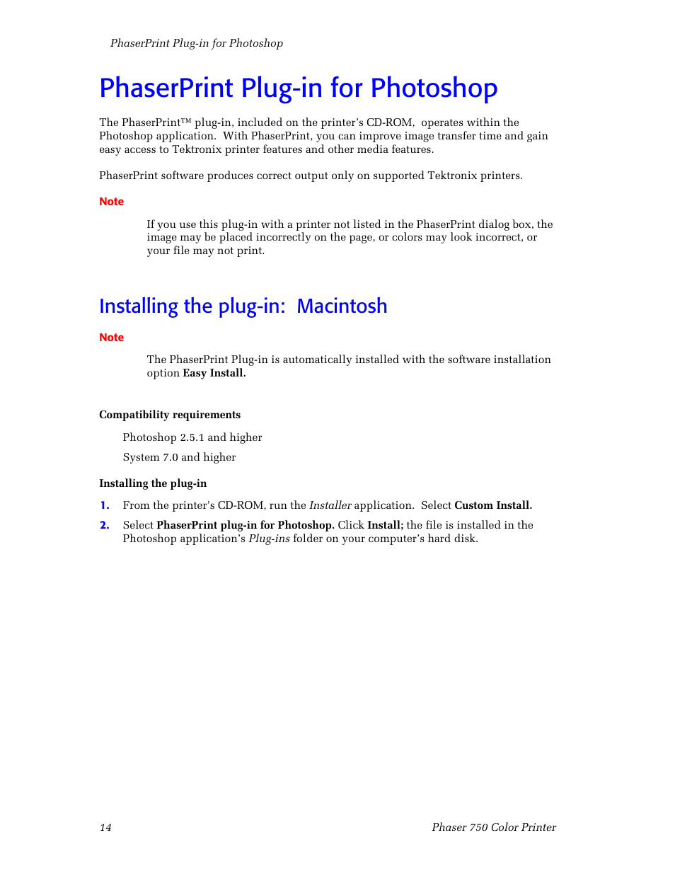 Phaserprint plug-in for photoshop, Installing the plug-in: macintosh, Phaserprint plug-in for photoshop 14 | Installing the plug-in: macintosh 14 | Tektronix Phaser Color Printer 750 User Manual | Page 23 / 118