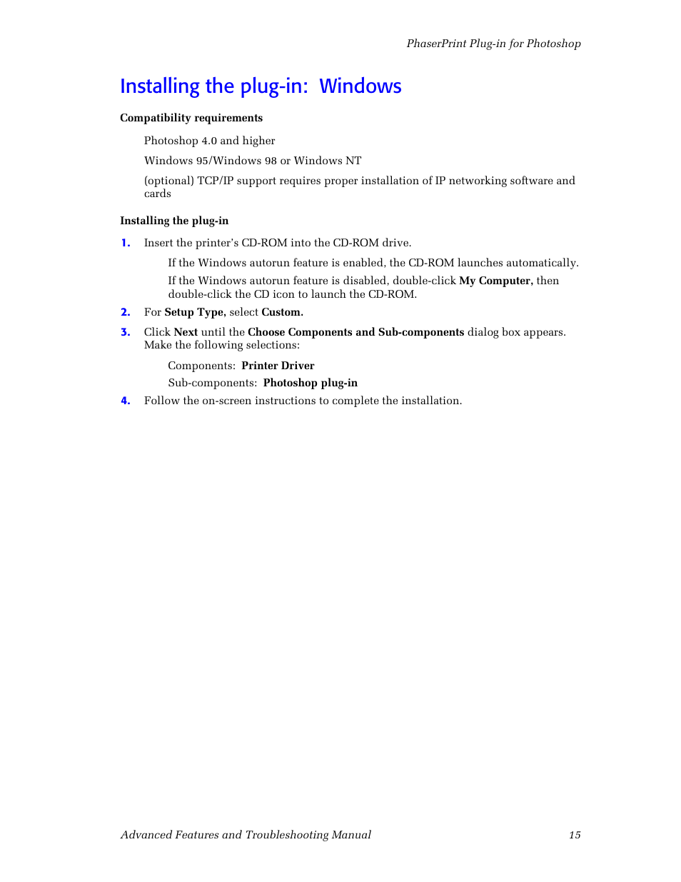 Installing the plug-in: windows, Installing the plug-in: windows 15 | Tektronix Phaser Color Printer 750 User Manual | Page 24 / 118