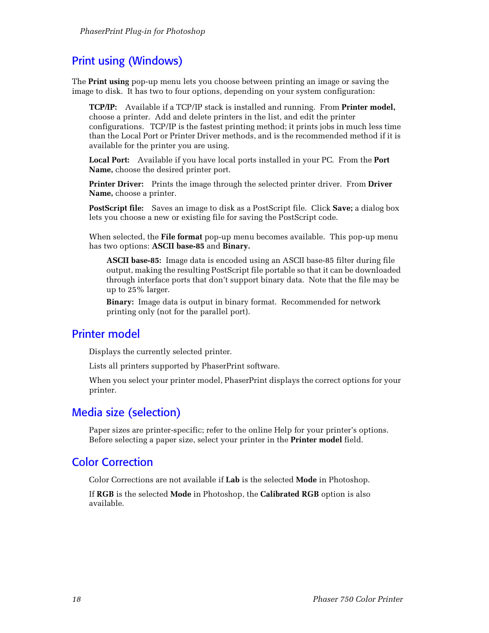 Print using (windows), Printer model, Media size (selection) | Color correction | Tektronix Phaser Color Printer 750 User Manual | Page 27 / 118