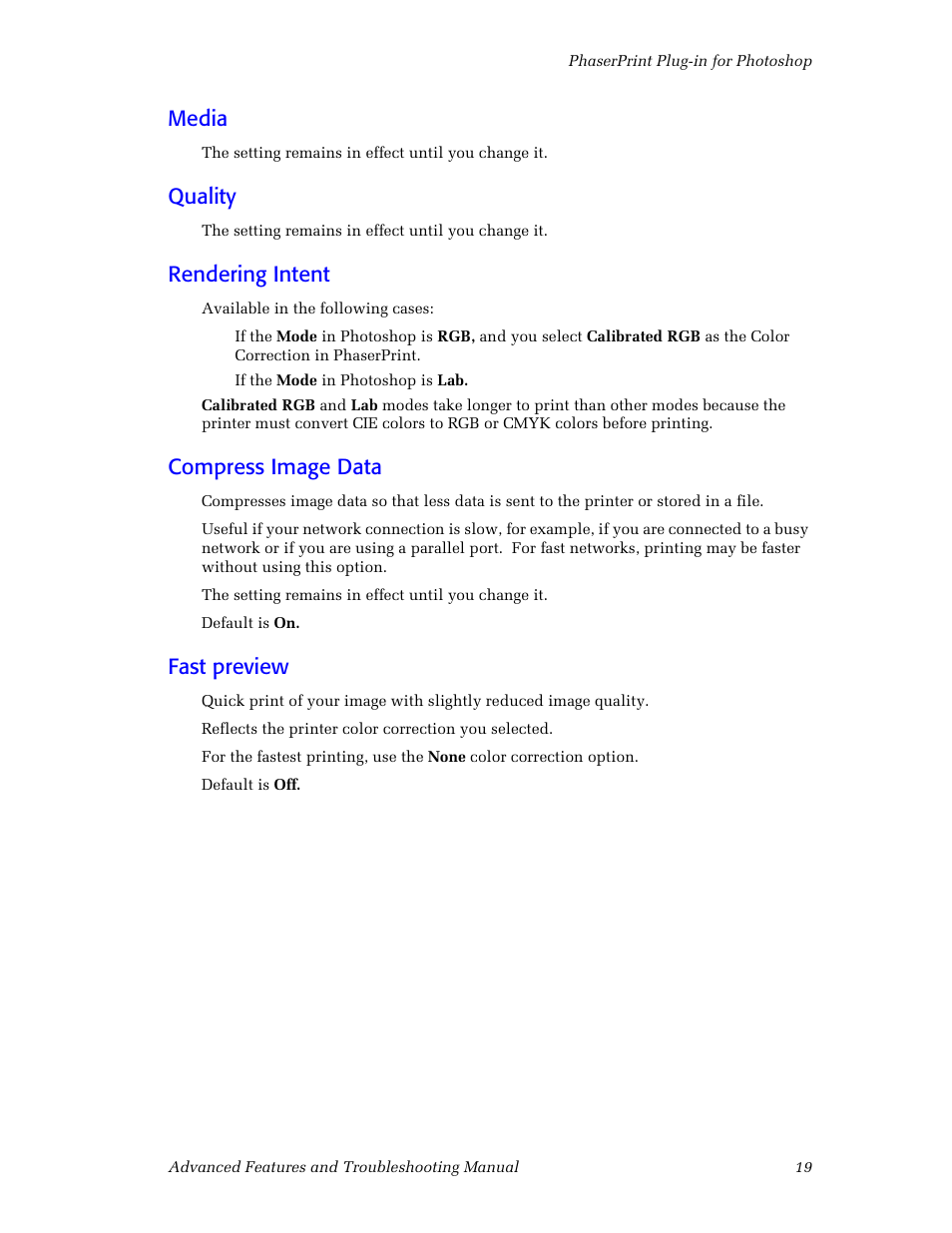 Media, Quality, Rendering intent | Compress image data, Fast preview | Tektronix Phaser Color Printer 750 User Manual | Page 28 / 118