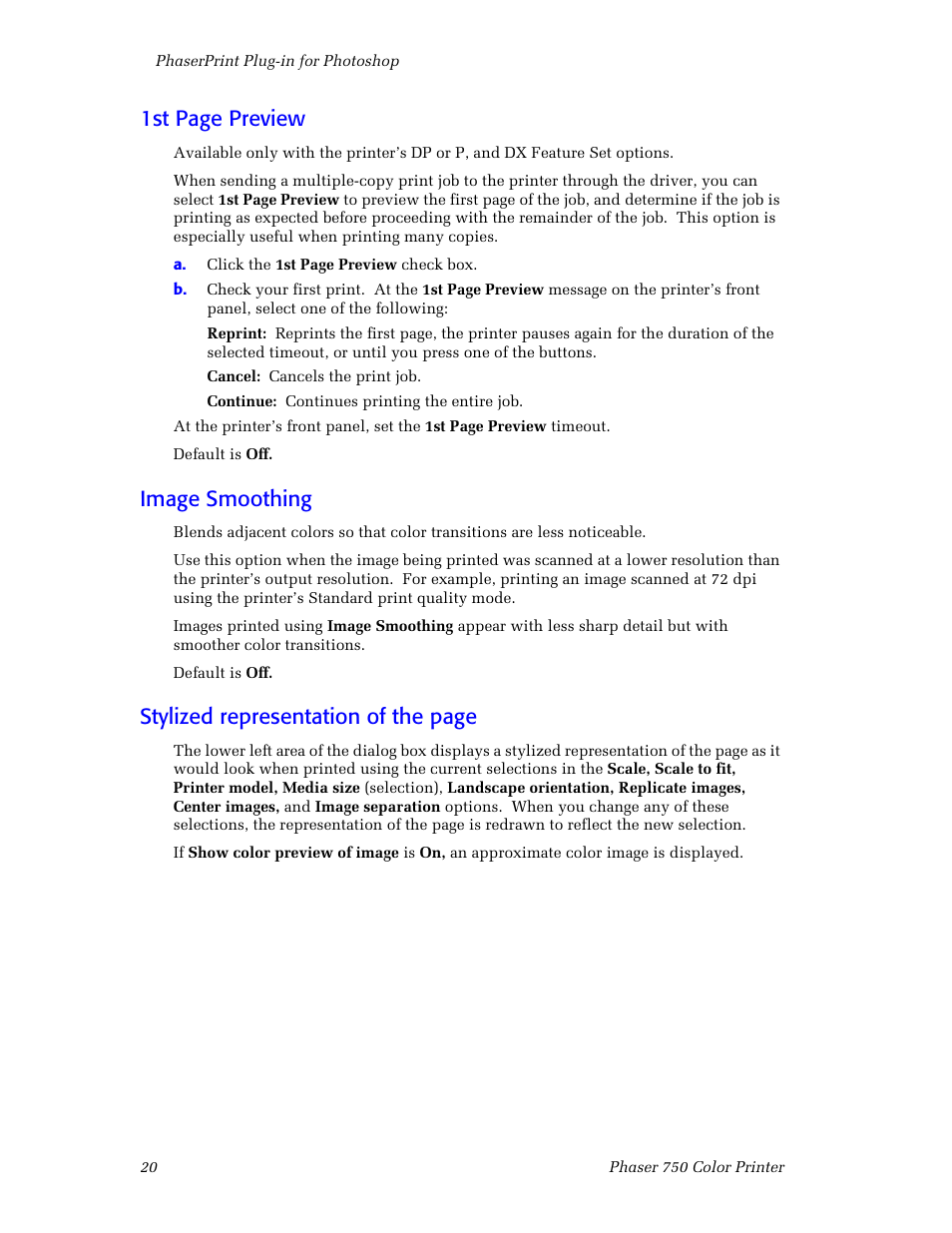 Image smoothing, 1st page preview, Stylized representation of the page | Tektronix Phaser Color Printer 750 User Manual | Page 29 / 118