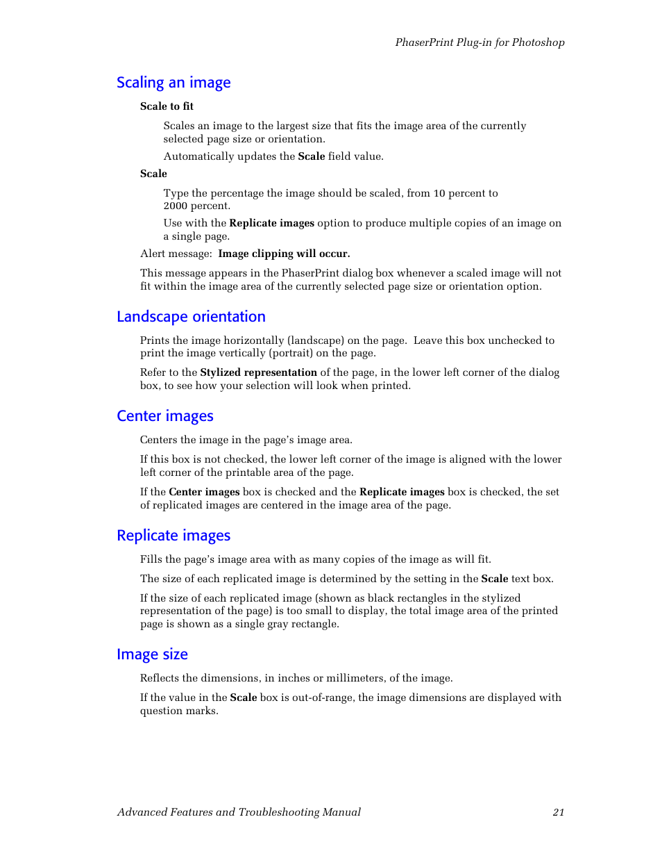 Scaling an image, Landscape orientation, Center images | Replicate images, Image size | Tektronix Phaser Color Printer 750 User Manual | Page 30 / 118