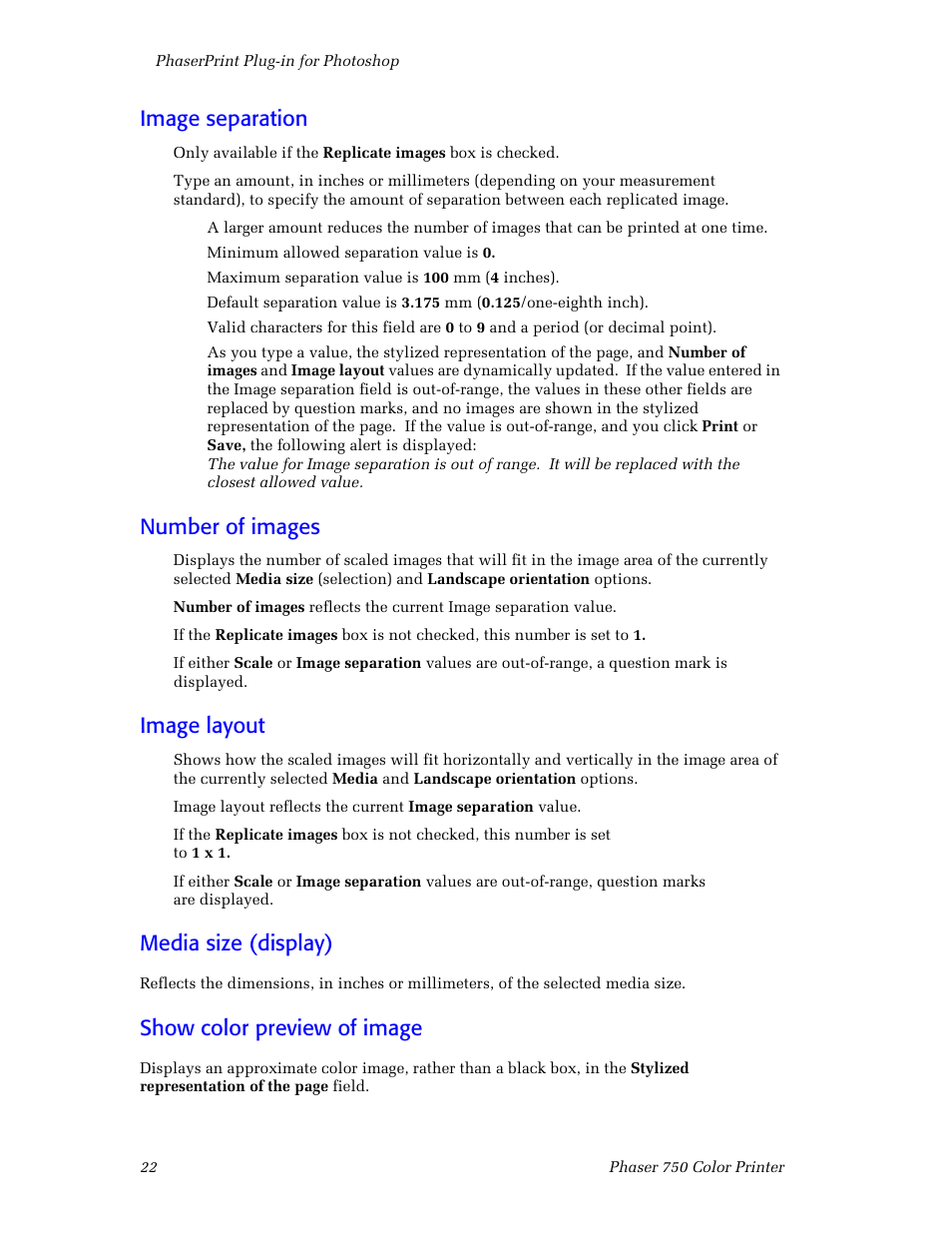 Image separation, Number of images, Image layout | Media size (display), Show color preview of image | Tektronix Phaser Color Printer 750 User Manual | Page 31 / 118