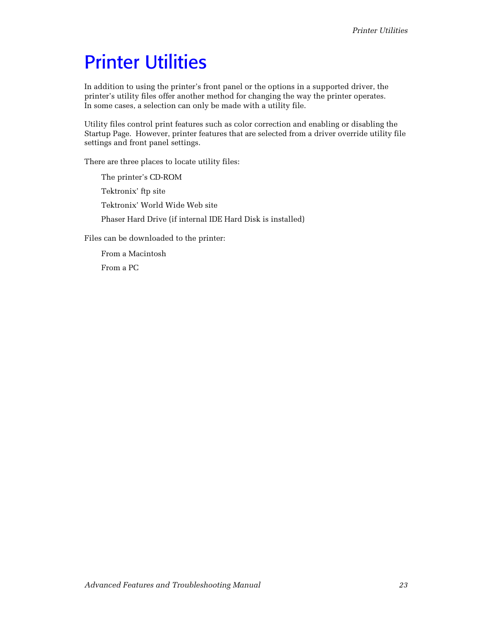 Printer utilities, Printer utilities 23 | Tektronix Phaser Color Printer 750 User Manual | Page 32 / 118