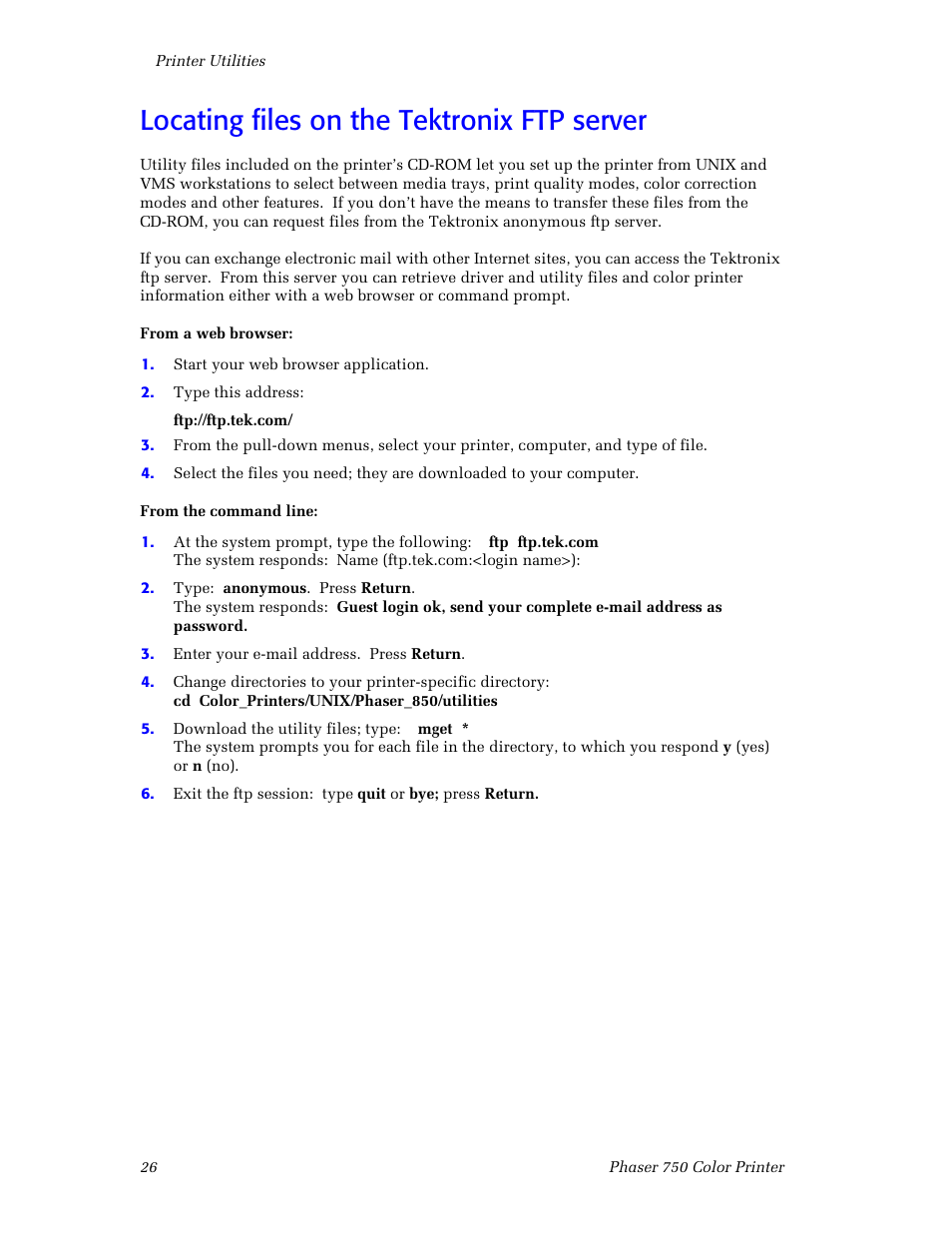 Locating files on the tektronix ftp server, Locating files on the tektronix ftp server 26 | Tektronix Phaser Color Printer 750 User Manual | Page 35 / 118