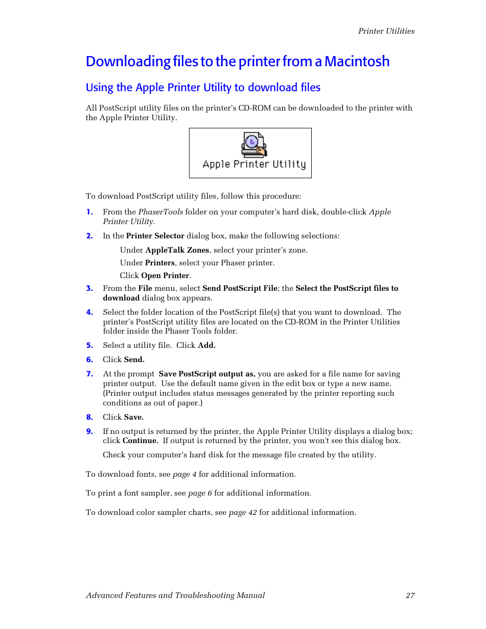 Downloading files to the printer from a macintosh, Using the apple printer utility to download files | Tektronix Phaser Color Printer 750 User Manual | Page 36 / 118