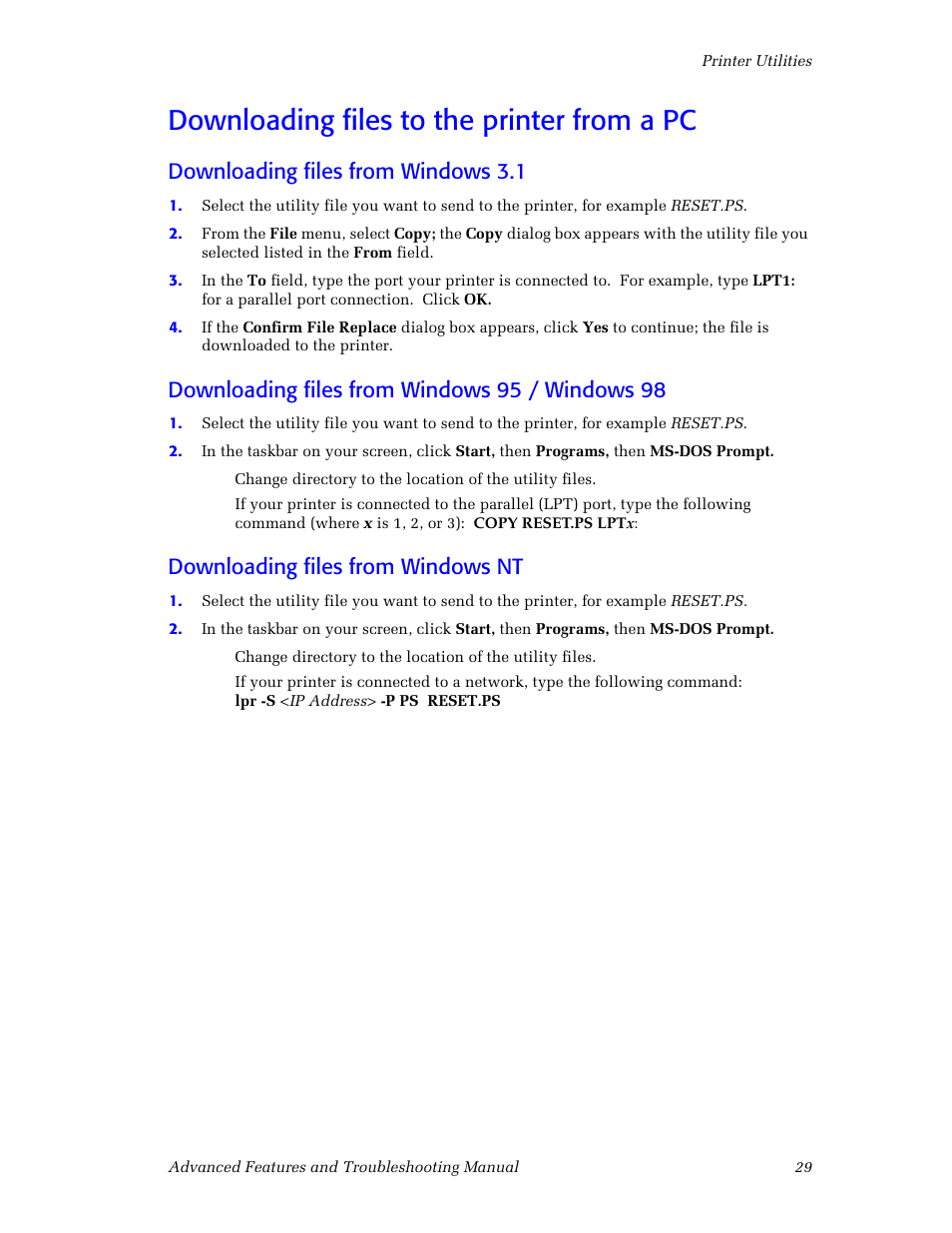 Downloading files to the printer from a pc, Downloading files from windows 3.1, Downloading files from windows 95 / windows 98 | Downloading files from windows nt, Downloading files to the printer from a pc 29 | Tektronix Phaser Color Printer 750 User Manual | Page 38 / 118