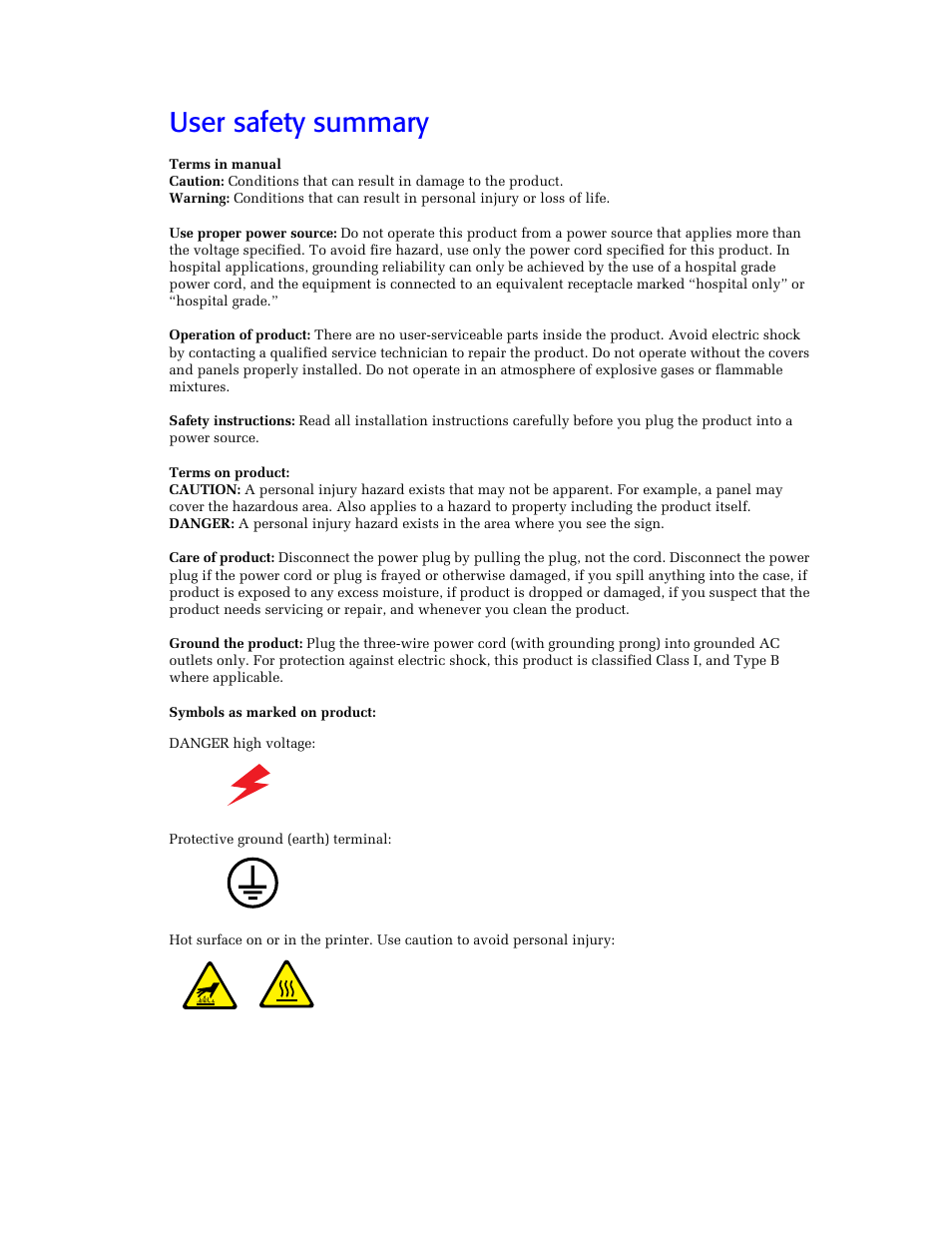 User safety summary | Tektronix Phaser Color Printer 750 User Manual | Page 4 / 118