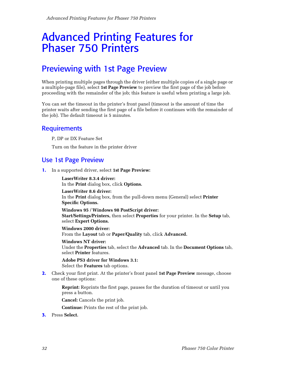 Advanced printing features for phaser750 printers, Requirements, Advanced printing features for phaser 750 printers | Previewing with 1st page preview, Use 1st page preview | Tektronix Phaser Color Printer 750 User Manual | Page 41 / 118