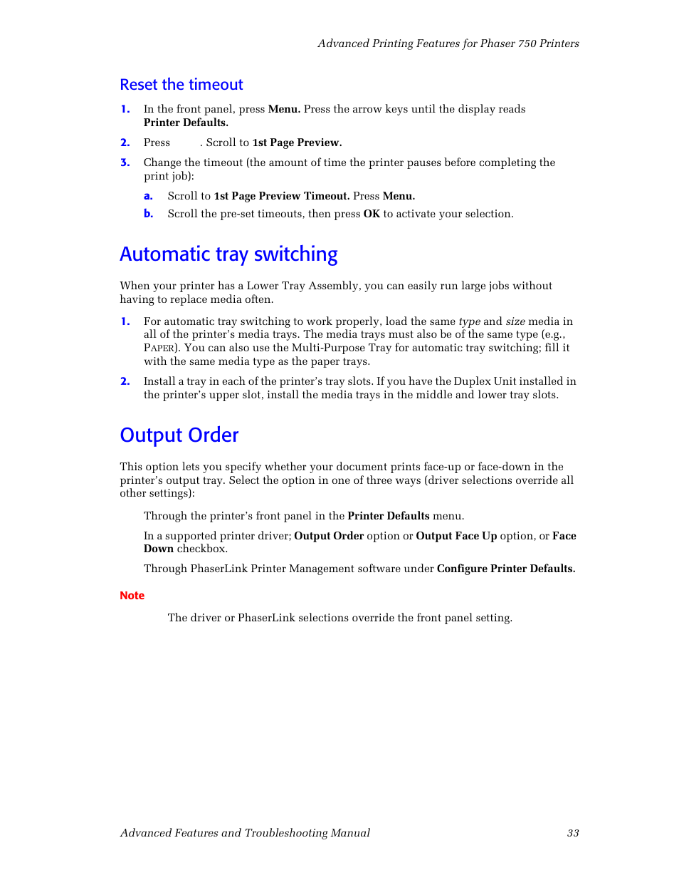 Reset the timeout, Automatic tray switching, Output order | Automatic tray switching 33, Output order 33 | Tektronix Phaser Color Printer 750 User Manual | Page 42 / 118