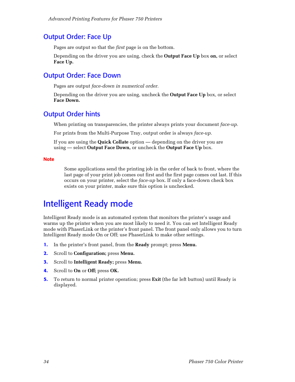 Output order: face up, Output order: face down, Output order hints | Intelligent ready mode, Intelligent ready mode 34 | Tektronix Phaser Color Printer 750 User Manual | Page 43 / 118