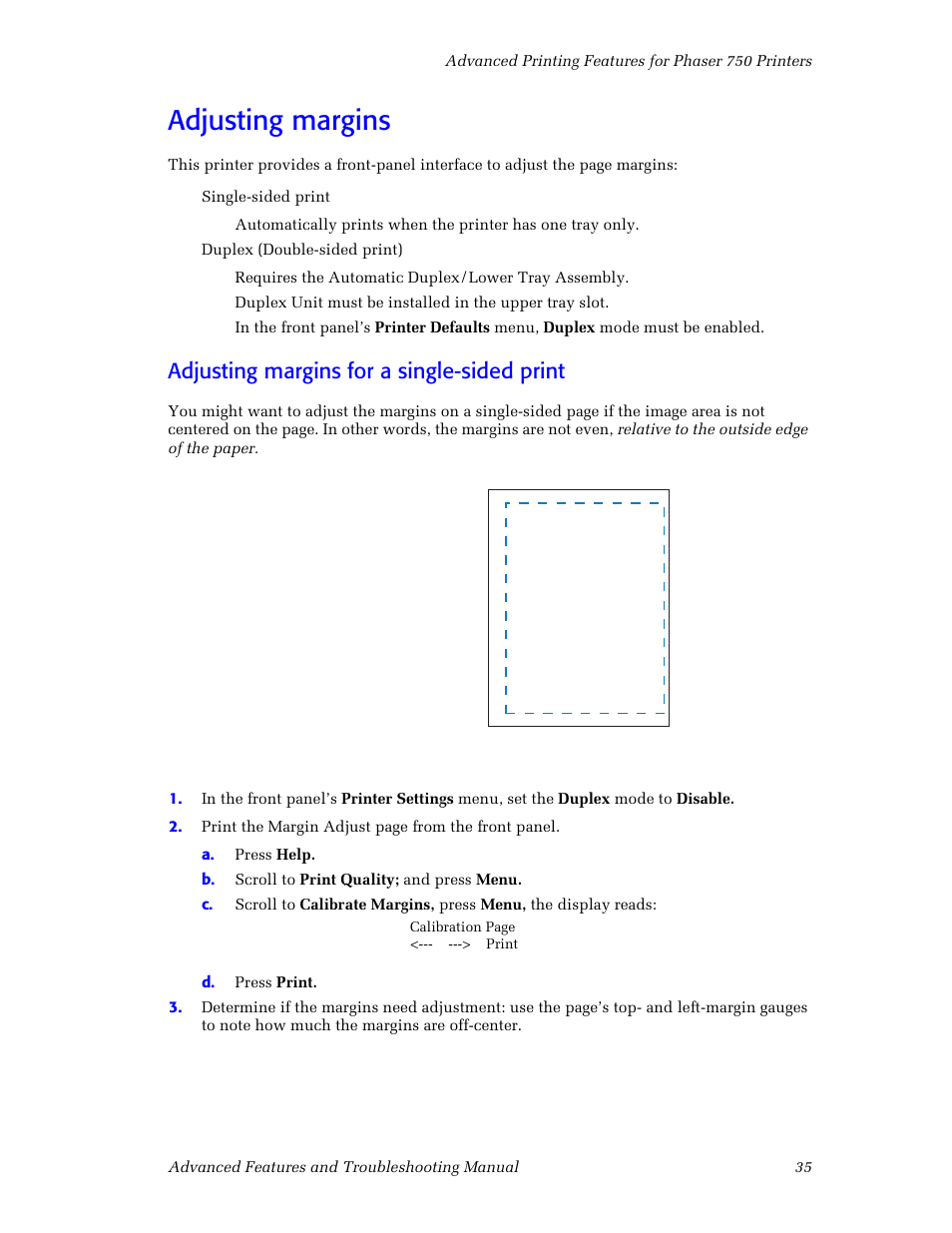 Adjusting margins, Adjusting margins for a single-sided print, Adjusting margins 35 | Tektronix Phaser Color Printer 750 User Manual | Page 44 / 118