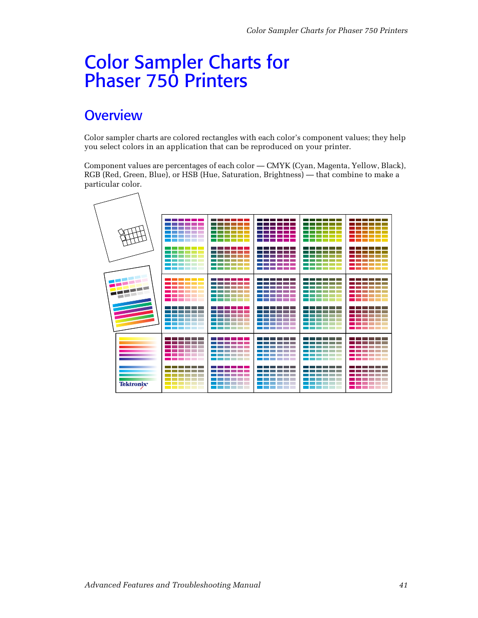 Color sampler charts for phaser750printers, Overview, Color sampler charts for phaser 750 printers 41 | Overview 41, Color sampler charts for phaser 750 printers | Tektronix Phaser Color Printer 750 User Manual | Page 50 / 118