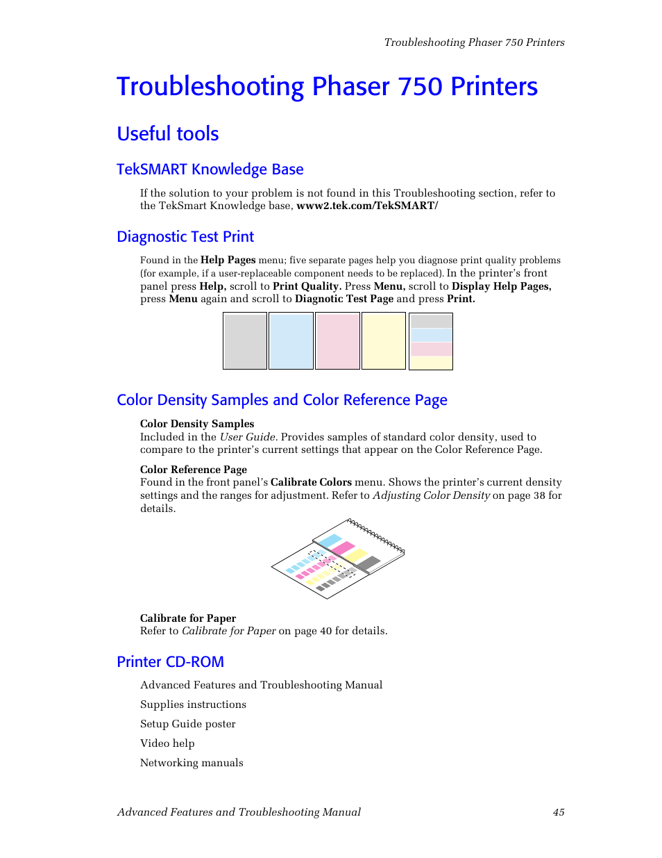 Troubleshooting phaser 750 printers, Useful tools, Teksmart knowledge base | Diagnostic test print, Printer cd-rom, Troubleshooting phaser 750 printers 45, Useful tools 45, Color density samples and color reference page | Tektronix Phaser Color Printer 750 User Manual | Page 54 / 118