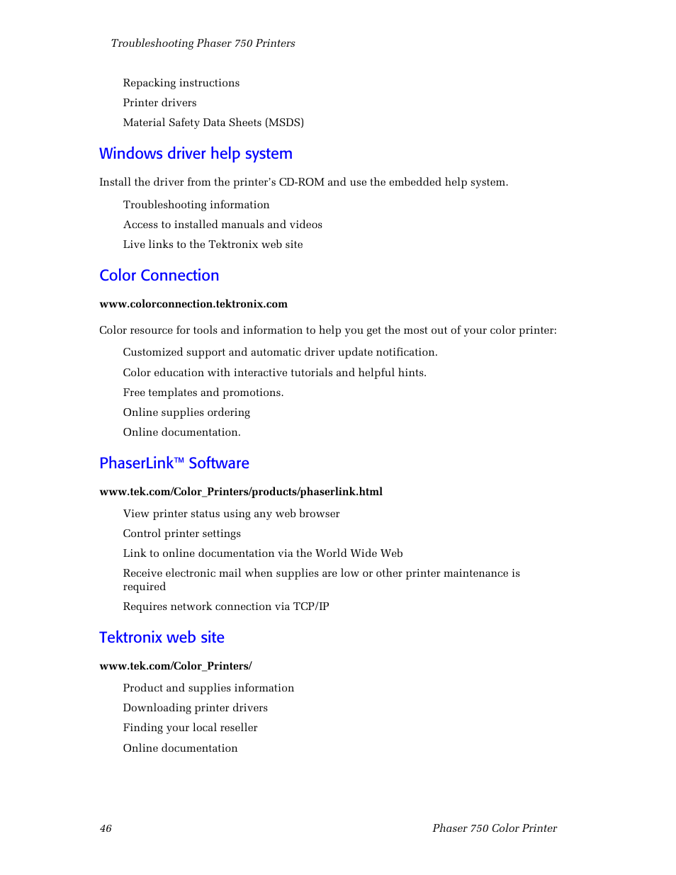 Windows driver help system, Color connection, Phaserlink™ software | Tektronix web site | Tektronix Phaser Color Printer 750 User Manual | Page 55 / 118