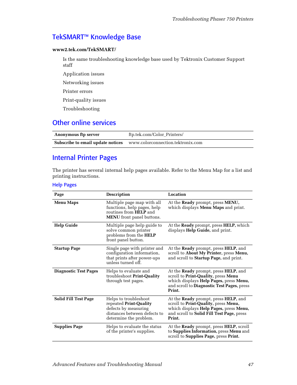 Teksmart™ knowledge base, Other online services, Other online services internal printer pages | Tektronix Phaser Color Printer 750 User Manual | Page 56 / 118