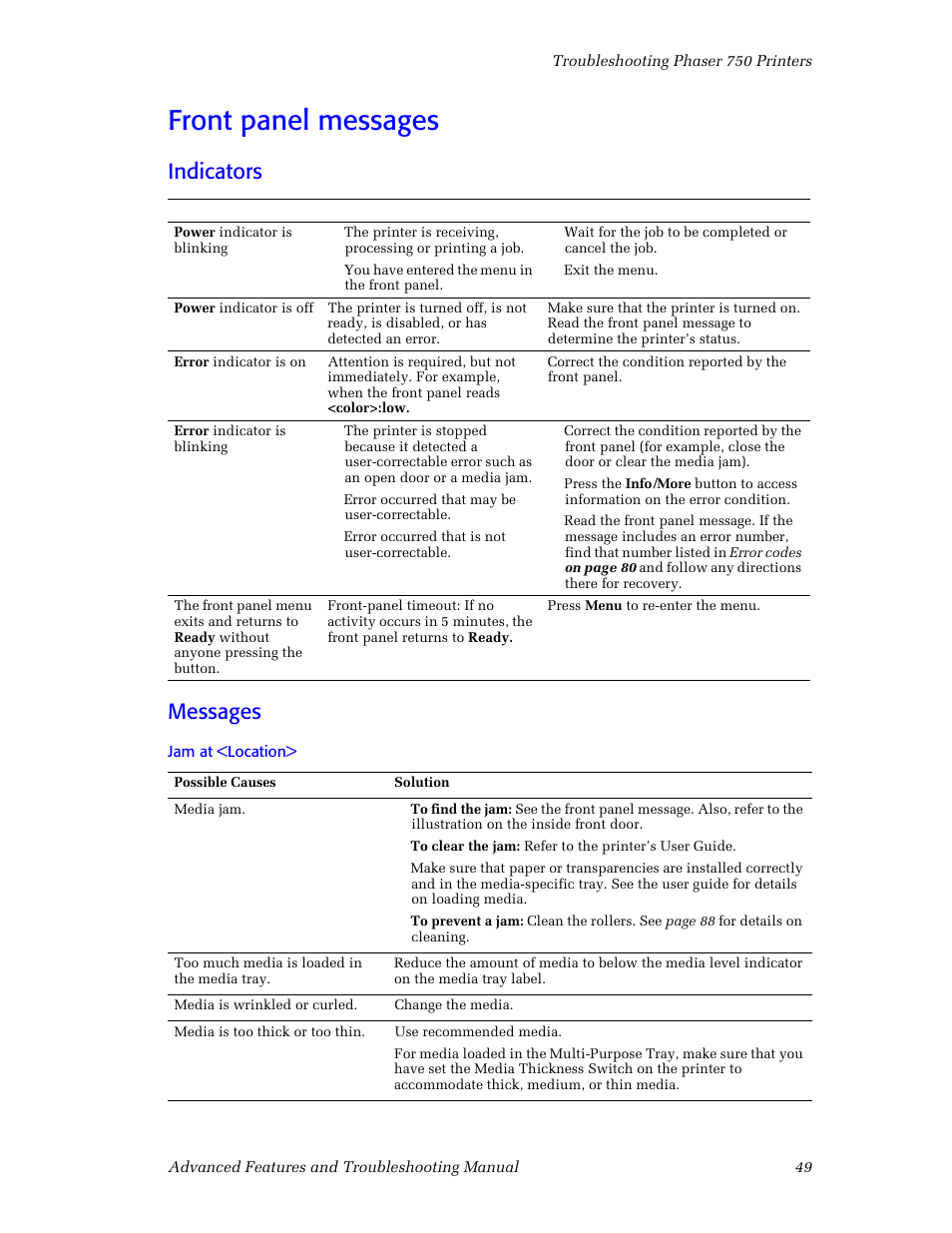 Front panel messages, Indicators, Messages | Front panel messages 49, Indicators messages | Tektronix Phaser Color Printer 750 User Manual | Page 58 / 118