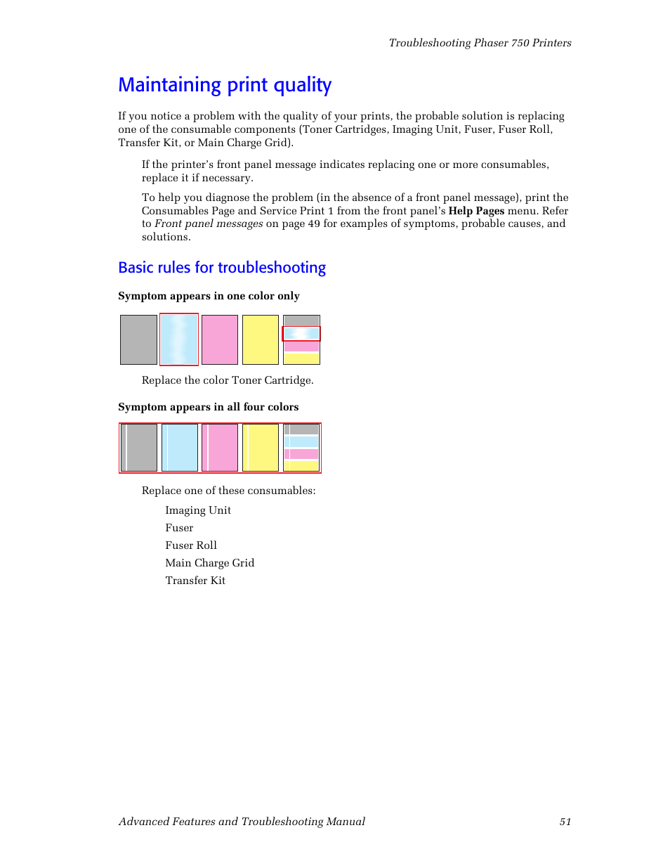 Maintaining print quality, Basic rules for troubleshooting, Maintaining print quality 51 | Tektronix Phaser Color Printer 750 User Manual | Page 60 / 118