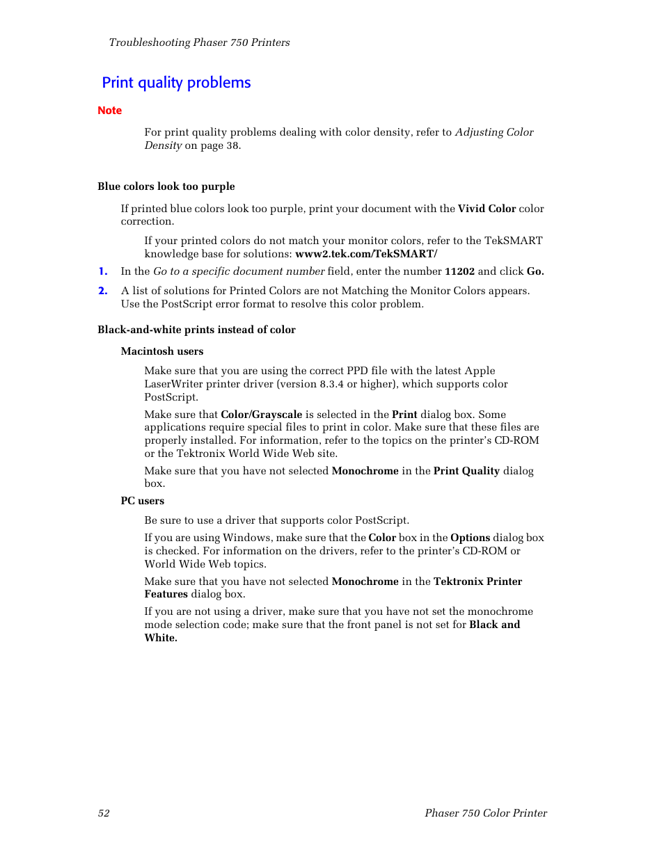 Print quality problems | Tektronix Phaser Color Printer 750 User Manual | Page 61 / 118