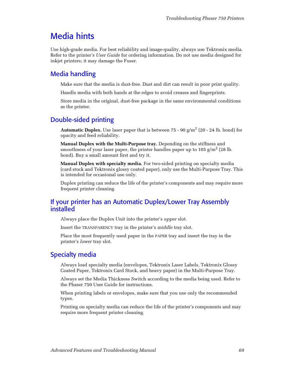 Media hints, Media handling, Double-sided printing | Specialty media, Media hints 69 | Tektronix Phaser Color Printer 750 User Manual | Page 78 / 118