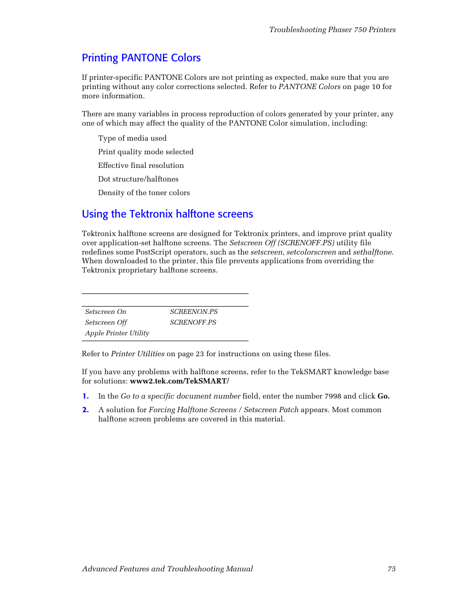 Printing pantone colors, Using the tektronix halftone screens | Tektronix Phaser Color Printer 750 User Manual | Page 84 / 118