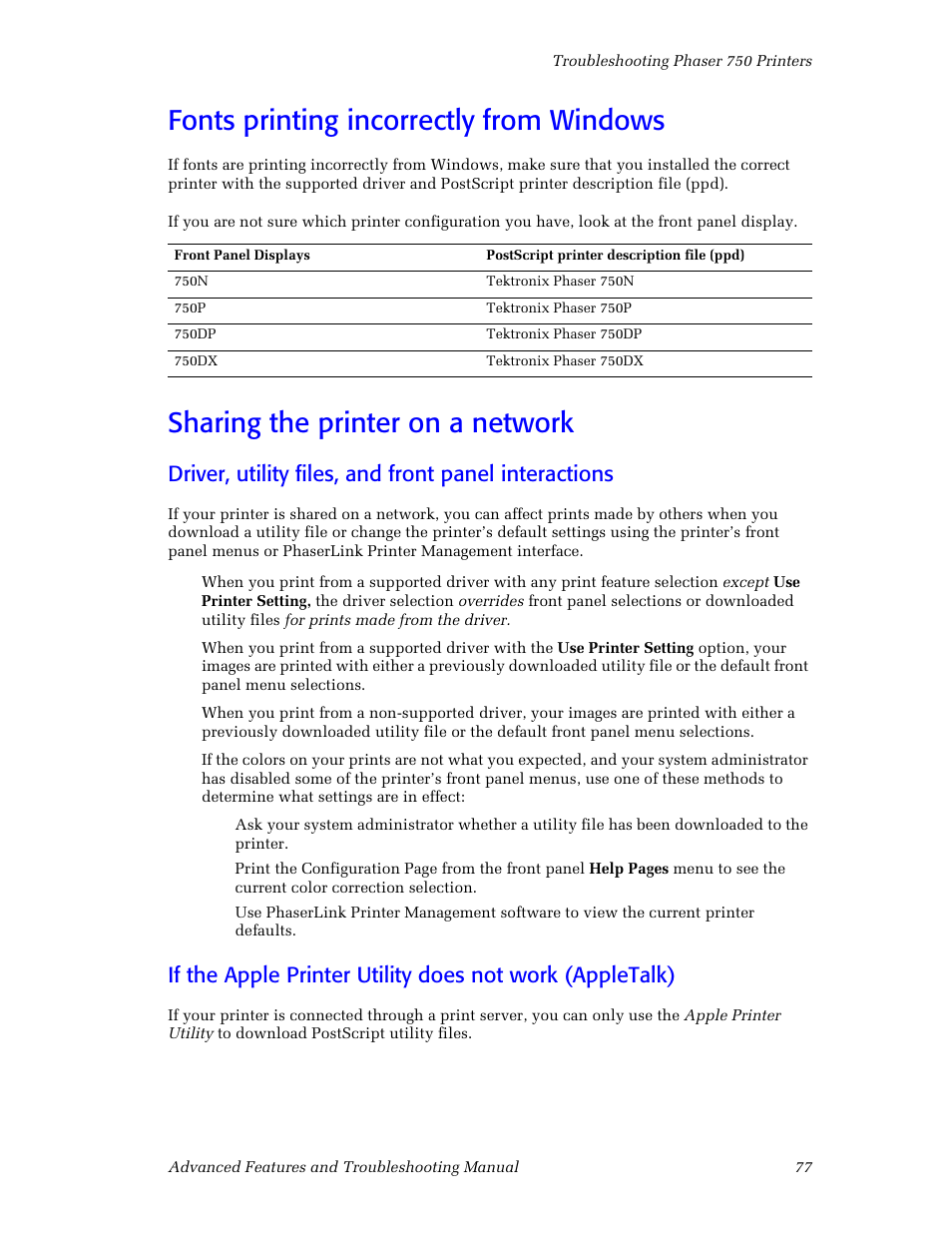 Fonts printing incorrectly from windows, Sharing the printer on a network, Fonts printing incorrectly from windows 77 | Sharing the printer on a network 77 | Tektronix Phaser Color Printer 750 User Manual | Page 86 / 118