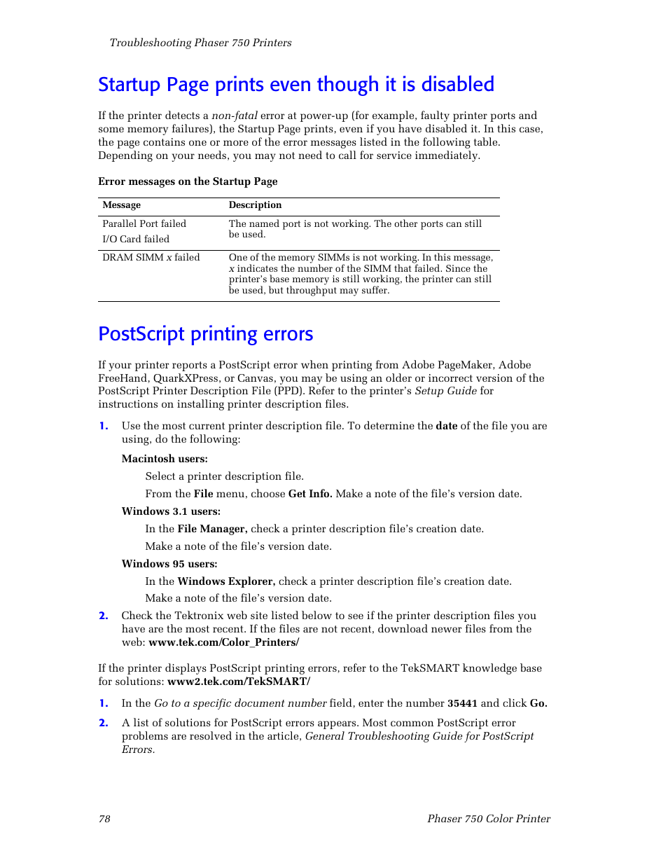 Postscript printing errors, Postscript printing errors 78, Startup page prints even though it is disabled | Tektronix Phaser Color Printer 750 User Manual | Page 87 / 118