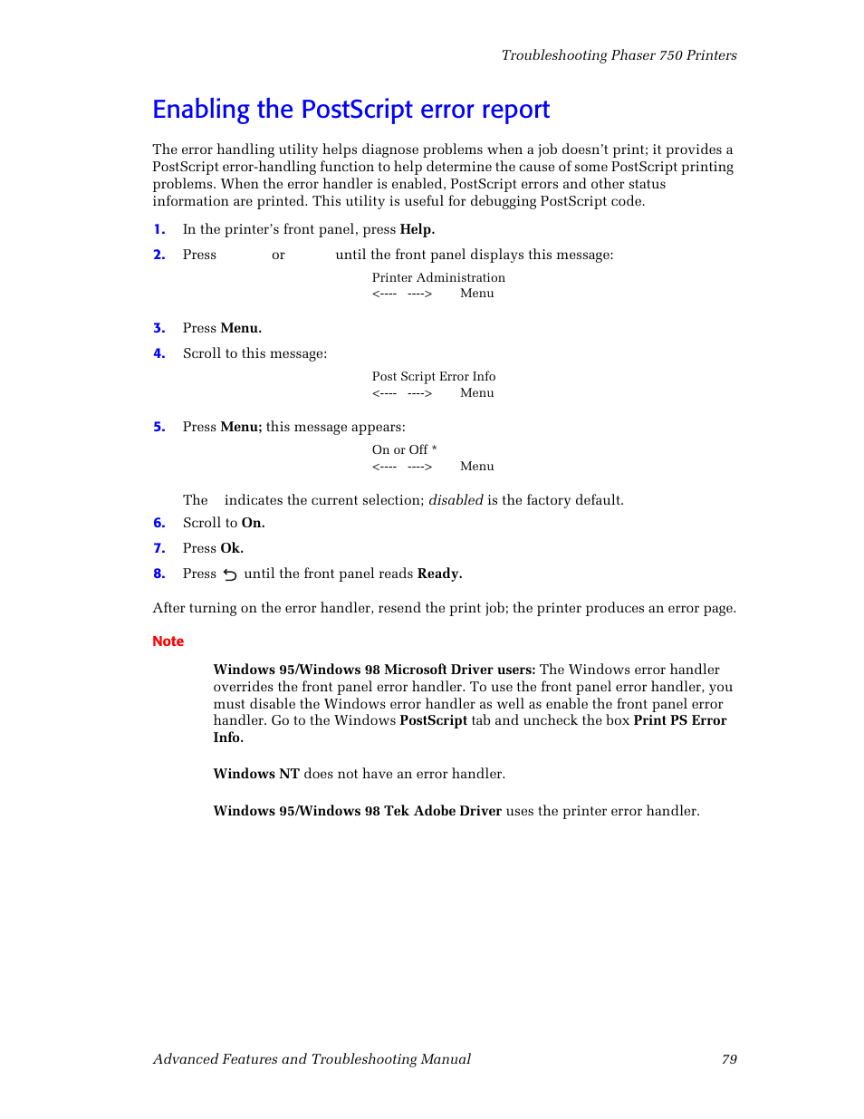 Enabling the postscript error report | Tektronix Phaser Color Printer 750 User Manual | Page 88 / 118