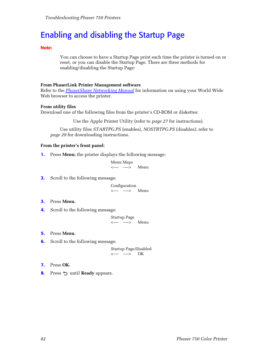 Enabling and disabling the startup page | Tektronix Phaser Color Printer 750 User Manual | Page 91 / 118