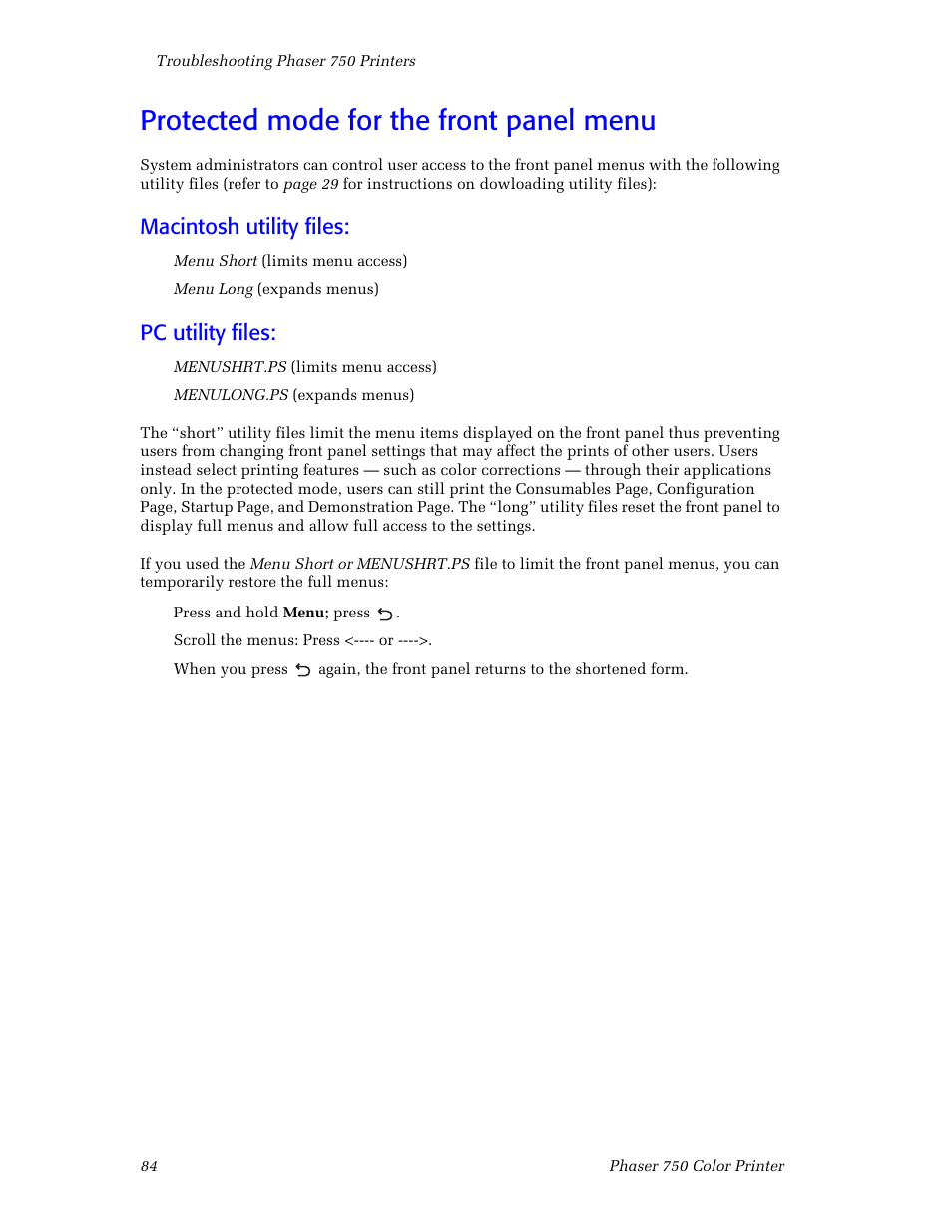 Protected mode for the front panel menu, Macintosh utility files, Pc utility files | Protected mode for the front panel menu 84 | Tektronix Phaser Color Printer 750 User Manual | Page 93 / 118