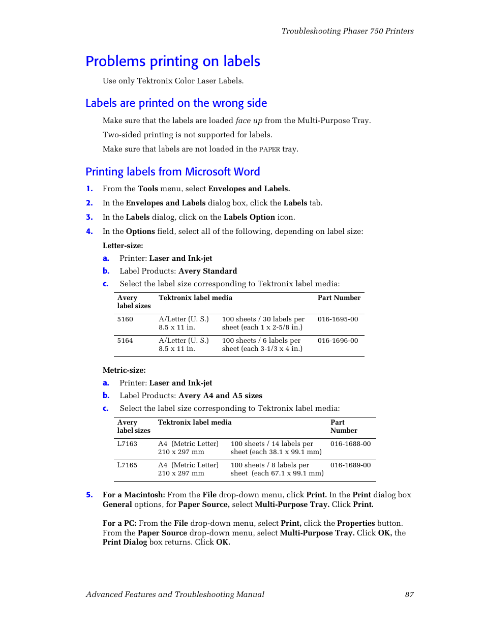 Problems printing on labels, Labels are printed on the wrong side, Printing labels from microsoft word | Problems printing on labels 87 | Tektronix Phaser Color Printer 750 User Manual | Page 96 / 118