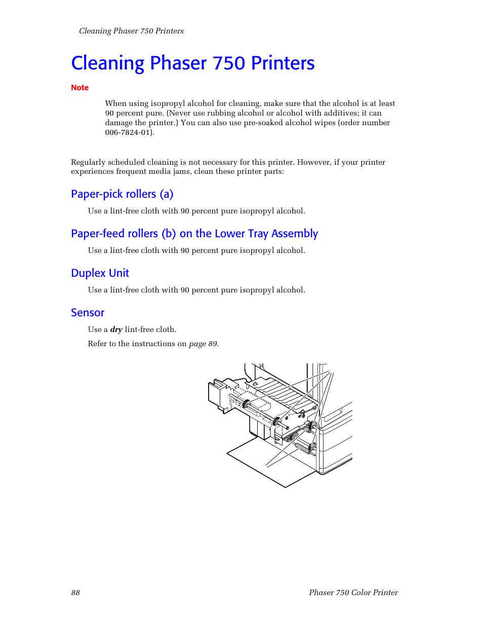 Cleaning phaser 750 printers, Paper-pick rollers (a), Paper-feedrollers (b) on the lowertrayassembly | Duplex unit, Sensor, Cleaning phaser 750 printers 88, Paper-feed rollers (b) on the lower tray assembly | Tektronix Phaser Color Printer 750 User Manual | Page 97 / 118