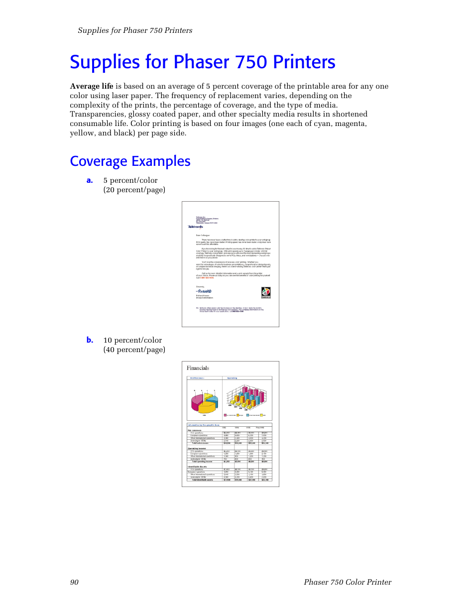 Supplies for phaser 750 printers, Coverage examples, Supplies for phaser 750 printers 90 | Coverage examples 90 | Tektronix Phaser Color Printer 750 User Manual | Page 99 / 118