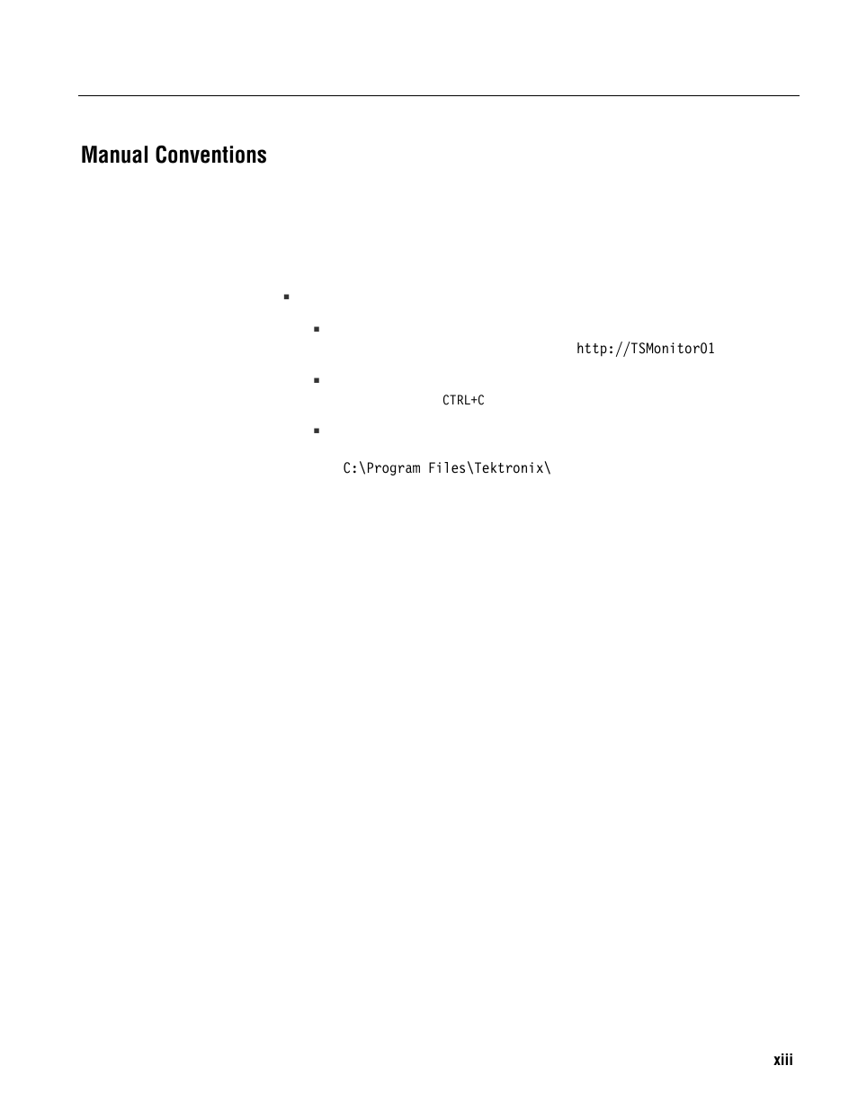 Manual conventions | Tektronix MTM400 User Manual | Page 13 / 197