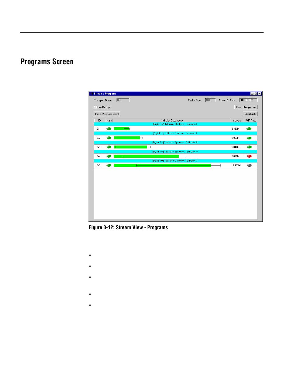 Programs screen | Tektronix MTM400 User Manual | Page 78 / 197