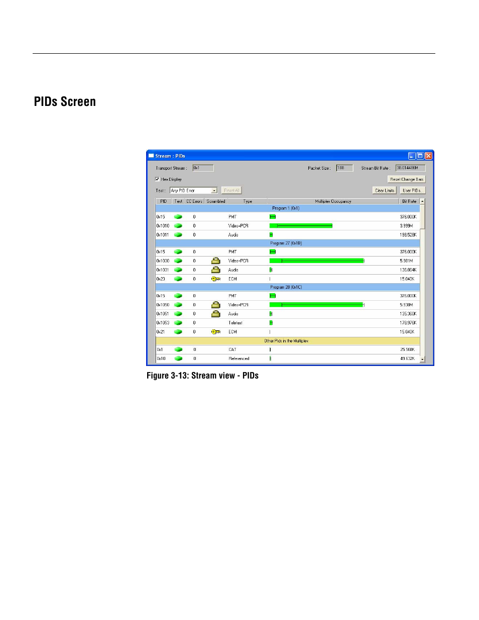 Pids screen | Tektronix MTM400 User Manual | Page 82 / 197