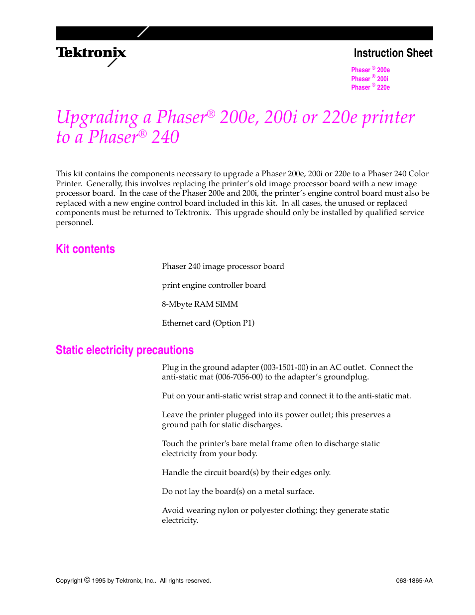 Tektronix PHASER 220E User Manual | 8 pages