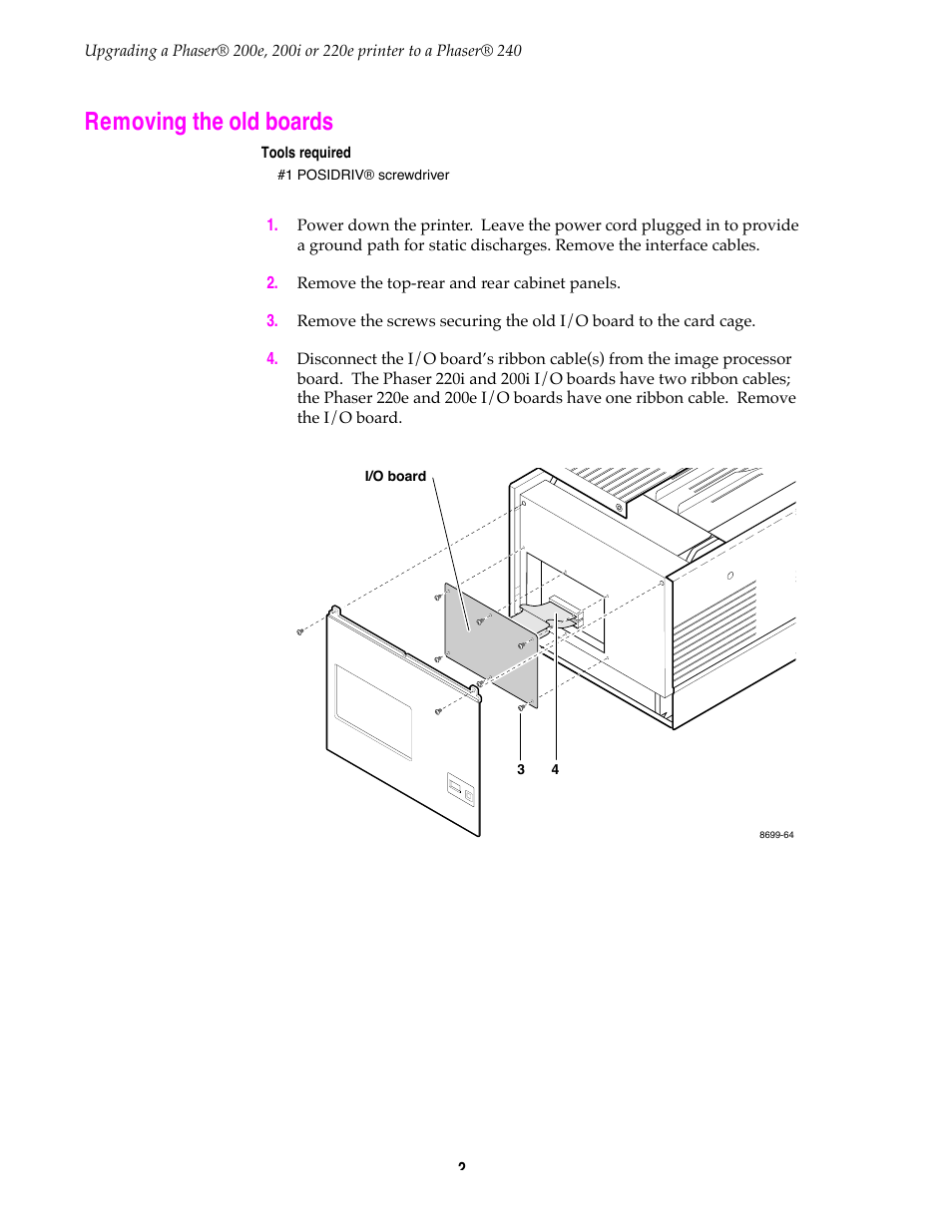 Removing the old boards | Tektronix PHASER 220E User Manual | Page 2 / 8