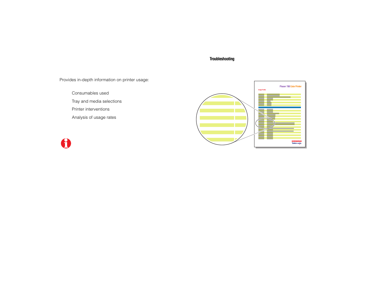 Usage profile, Provides in-depth information on printer usage, Consumables used | Tray and media selections, Printer interventions, Analysis of usage rates, Troubleshooting | Tektronix PHASER 780 User Manual | Page 38 / 48