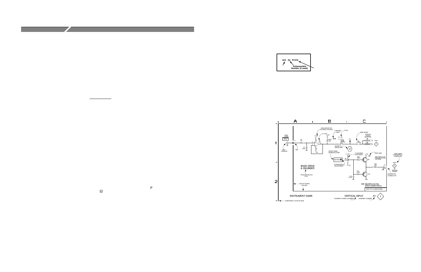 Symbols, Component values, Assembly numbers | Grid coordinates, Wfm 300a, Example: id control, (id control), or /id control | Tektronix WFM 300A User Manual | Page 175 / 212