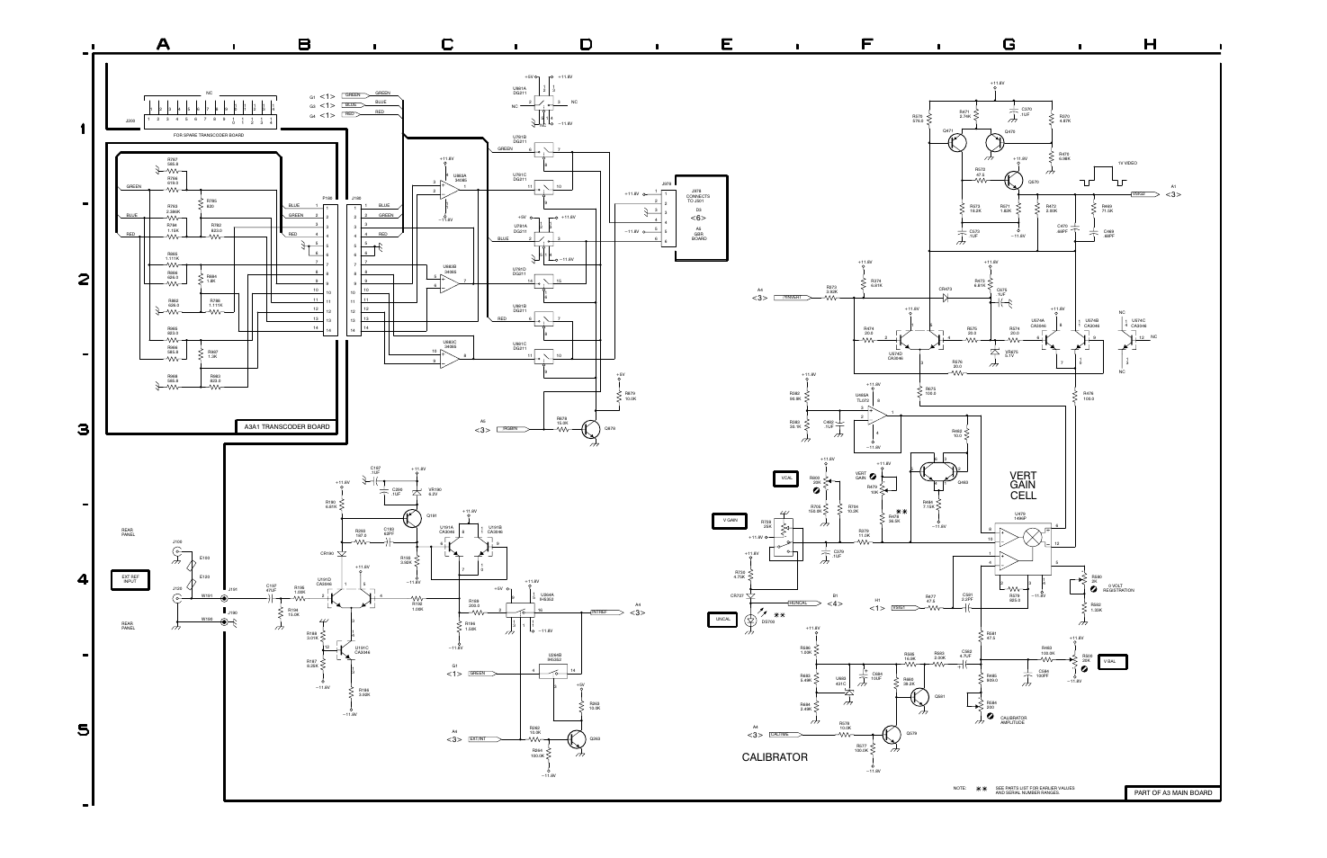 Component to gbr transcoder, Y invert amplifier, Gain cell vert | External reference input amp, Calibrator, Wfm 300a component/composite waveform monitor, Vertical gain <2 | Tektronix WFM 300A User Manual | Page 181 / 212