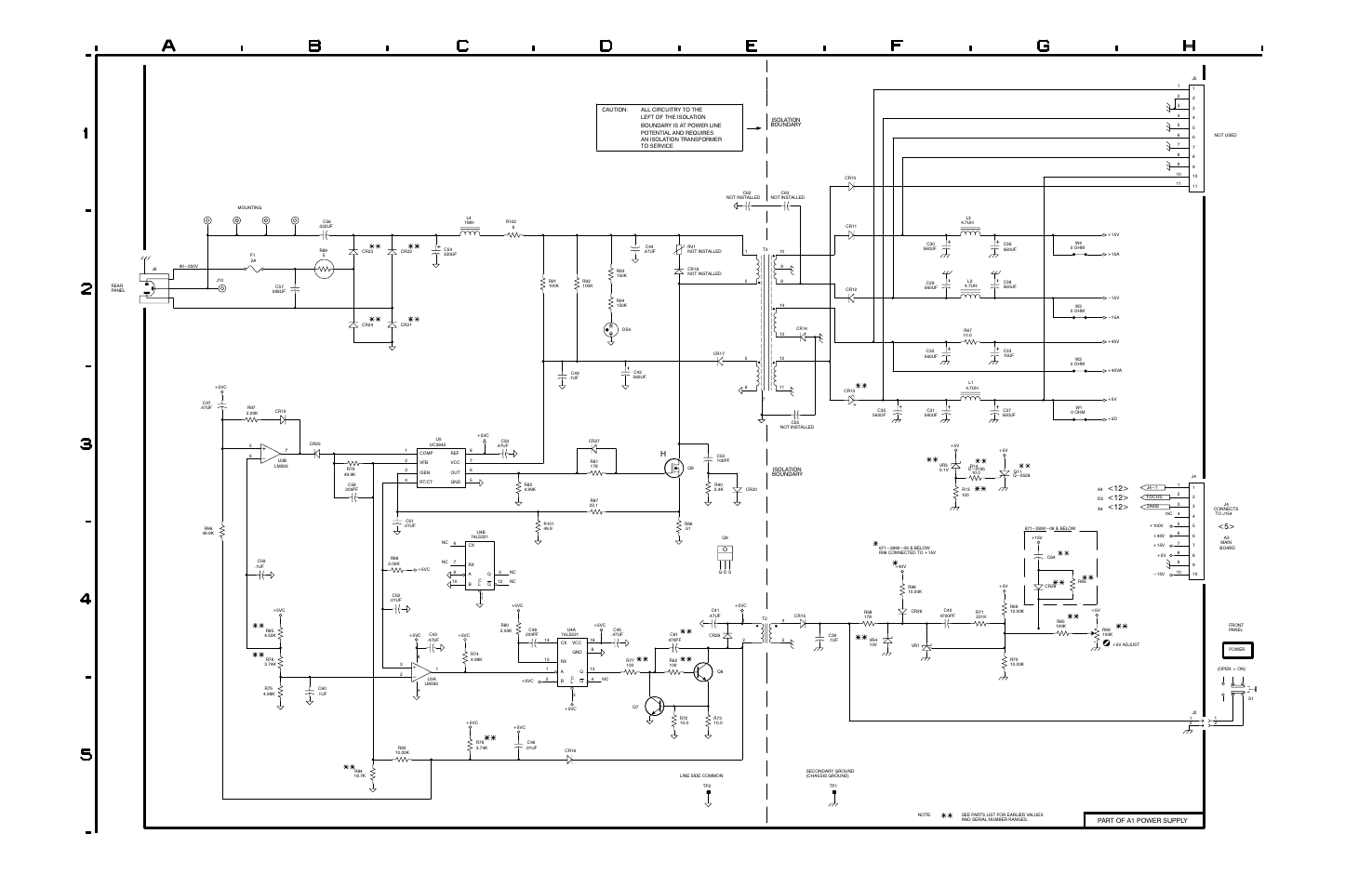 Line rectifier and filter, Clamp, Output filters | Output uv shutdown, Pulse width modulator, Switcher mosfet, Snubber, Error, Feedback transformer driver, Amplifier | Tektronix WFM 300A User Manual | Page 199 / 212