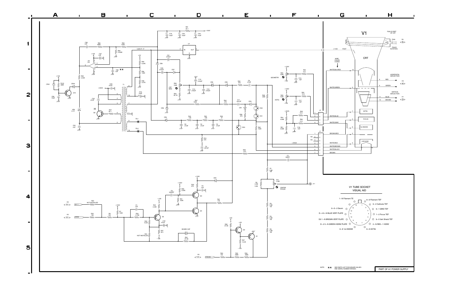 Hv osc & error amp, Grid drive, Pin numbers on tube socket | Z axis, Amplifier, Focus amplifier, V1 tube socket visual aid | Tektronix WFM 300A User Manual | Page 201 / 212